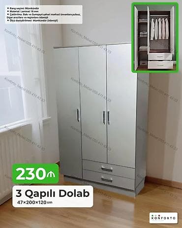3 qapılı geyim dolabı Ölçü: 47×200×120 sm Material: 18 mm laminat