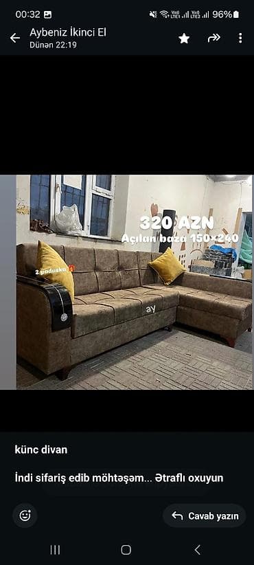 acilan divan: Künc divan, Qonaq otağı üçün, Bazalı, Açılan — 1