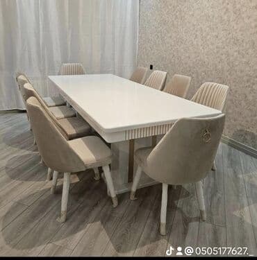 Stullar: Yemək masası və stul dəsti - Dizayn: Ağ parlaq üstlü, yivli silindrik — 5