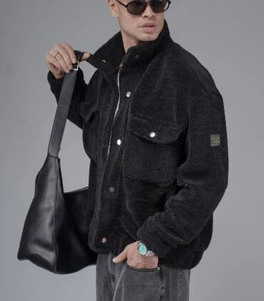 kurtka dəri: Qara rəngli tüklü/flis materialdan kişi gödəkçəsi - Model: düyməli — 2