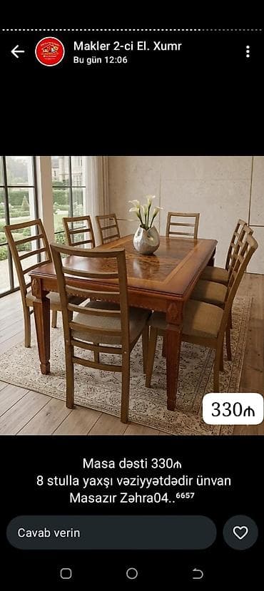 Qonaq otağı üçün, Açılmayan, Dördbucaq masa, 8 stul