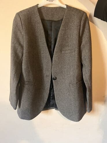 Ev geyimləri, pijamalar: Qadın blazeri – klassik boz rəng, balıqsümüyü (herringbone) naxışlı — 3