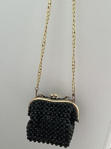 orginal canta: Qara muncuqlu çiyin çantası - Rəng: qara - Material: parlaq fasetli — 2