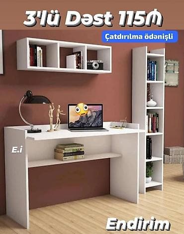 - Dolablı yazı masası: 150x150x55 sm ölçüdə. Sağ tərəfdə geniş iş — 3