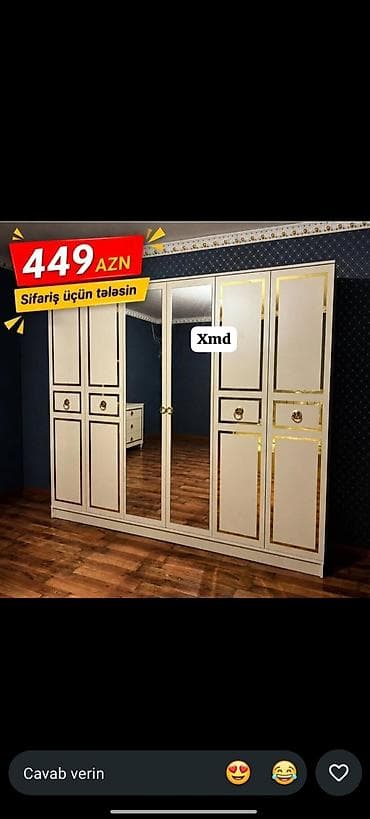 Klassik dizaynlı 4 qapılı paltar şkafı - Rəng: krem/bəyaz, qızılı