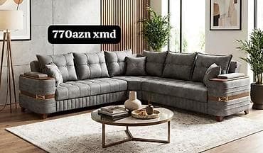 Künc divan – müasir dizaynlı, boz rəng palitrasında. Yumşaq toxumalı