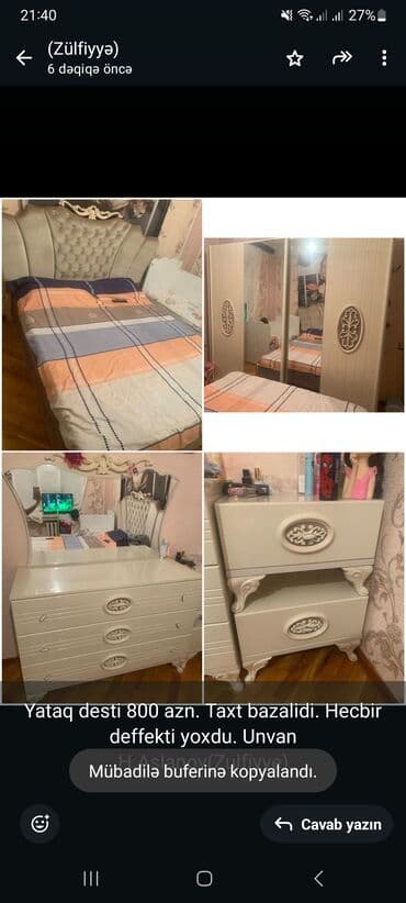 zülfiyyə: Yataq desti 800 azn. Taxt bazalidi. Hecbir deffekti yoxdu. Unvan — 1