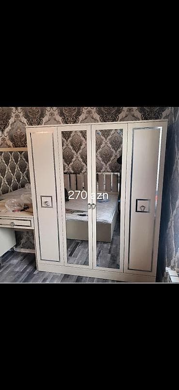 polka: Dörd qapılı şkaf – 270 AZN - Rəng: açıq krem, gümüşü dekor xətləri - — 1