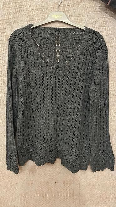 Qara-boz rəngdə qadın trikotaj sviter - Model: uzunqol, V-şəkilli