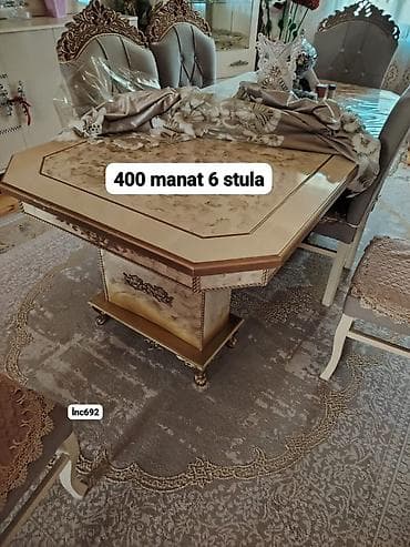 stolustu kitab: Qonaq otağı üçün, İşlənmiş, Açılmayan, Dördbucaq masa, 6 stul — 1