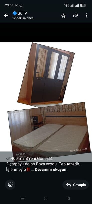 işlenmiş çarpayı: ✔️400 man(Yeni Günəşli). 2 çarpayı+dolab.Baza yoxdu. Təp-təzədir — 1