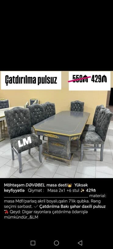 Masa və oturacaq dəstləri: Qonaq otağı üçün, Yeni, Açılmayan, Dördbucaq masa, 6 stul — 10