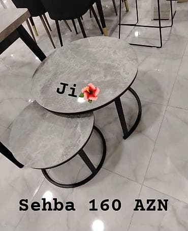 mərmər stol: İki ədəd dairəvi sehba dəsti. - Üst hissə: mərmər naxışlı boz səth - — 1