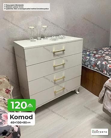 Komodlar: Ağ rəngdə, minimalist dizaynlı komod. - Ölçülər: 40 × 100 × 80 sm. - 4 — 1