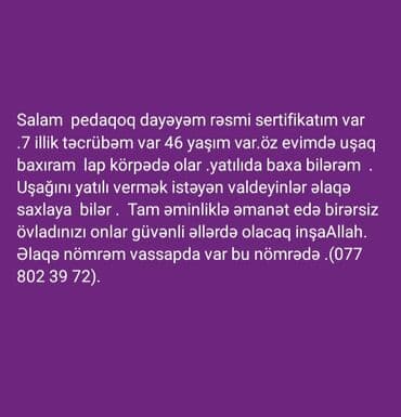 dayə işi 2023: Pedaqoqluq təhsilli dayə xidməti - Rəsmi sertifikatlı, 7 illik — 1