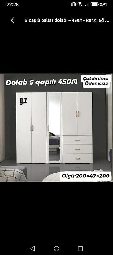 kalidor dolabi: 5 qapılı paltar dolabı – ağ rəng Ölçü: 200 × 47 × 200 sm Qiymət: 450₼ — 1