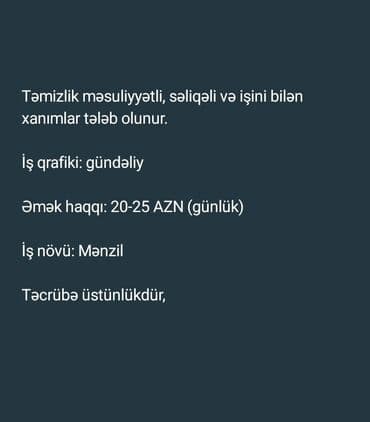 daye iş elanları sumqayıt: Уборщица требуется, Любой возраст, 3-5 лет опыта, 1/2, Еженедельно оплата — 1