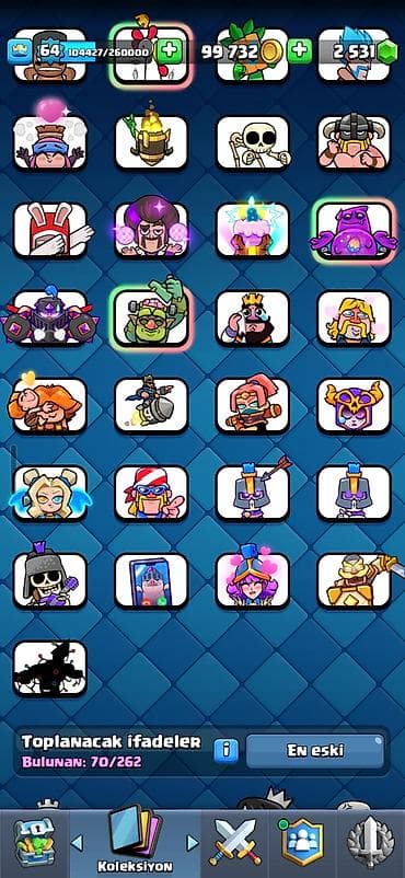 clash royale hesab satisi: Clash Royale hesabı: - Kral səviyyəsi: 64 - Daş: 2800 - Rozetlər — 9