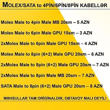wifi modem usb: Kabellər "MOLEX/SATA to 4PİN/6PİN/8PİN Original" MƏHSULLAR TAM — 2