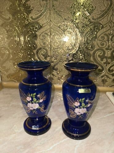 meyvə tərəvəz satışı: Dekorativ qab-qacaq dəsti - Kobalt mavi rəngli 2 ədəd şüşə vaza: oval — 1