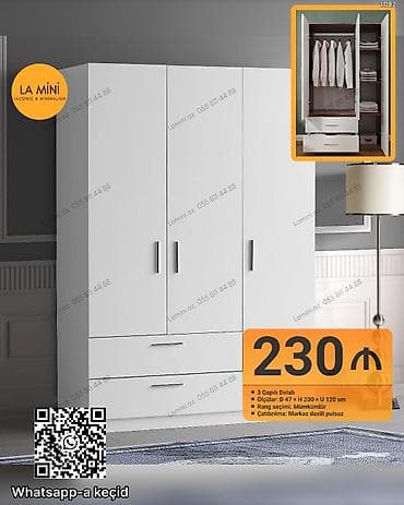 3 qapılı, Siyirməli, Ağ, Taxta, Açılan, Düz dolab