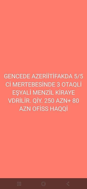 bakida kiraye evler: Gəncə, Azəri İttifaqı ərazisi – 5/5 mərtəbədə yerləşən 3 otaqlı, tam — 1