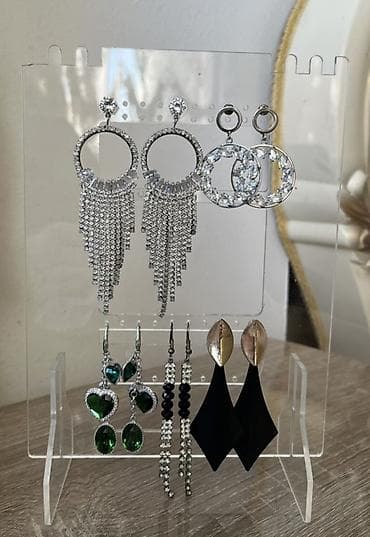 Zərgərlik dəsti — 5 cüt sırğa - Gümüşü tonlarda daşlı halqa sırğalar