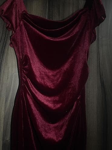 Qırmızı məxməri uzun ziyafət geyimi - Material: yumşaq, parıltılı — 6