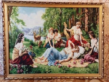 divar izolyasiya materialları: Qızılı çərçivəyə salınmış, meşə mənzərəsində qadınların təsvir — 2