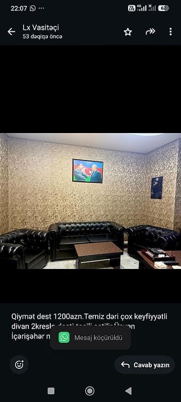 Qiymət dest 1200azn.Temiz dəri çox keyfiyyətli divan 2kreslo
