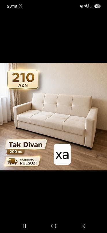 Tək divan – 200 sm - Rəng: açıq bej - Üslub: minimal və müasir -