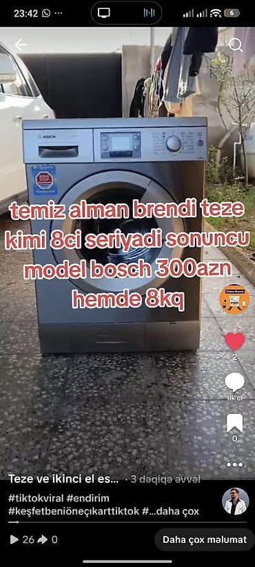 Paltaryuyan maşın Bosch, 8 kq, Avtomat, Qurutmasız, Kredit yoxdur — 1