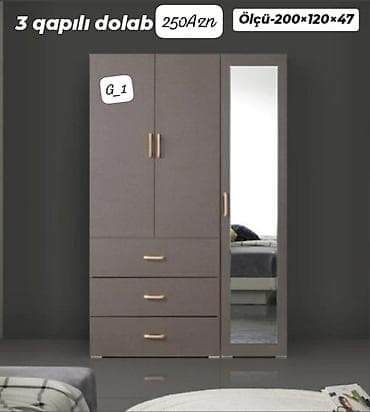 3 qapılı paltar dolabı - Ölçü: 200 × 120 × 47 sm - Rəng: tünd boz -