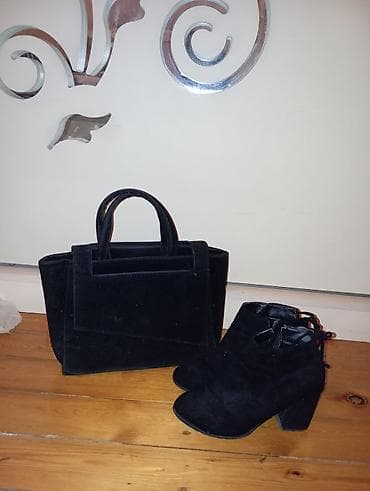 kətan şalvar qadın: Qadın dəsti – qara süet çanta və qısa boğazlı topuqlu ayaqqabı - — 2