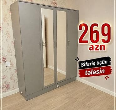 mebellerim: Güzgülü paltar şkafı – 3 qapılı, boz rəng. - Ön hissədə 2 ədəd tam — 1
