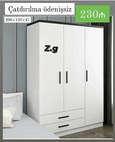 Ağ rəngli üç qapılı paltar dolabı - Ölçülər: 200 × 120 × 47 sm -