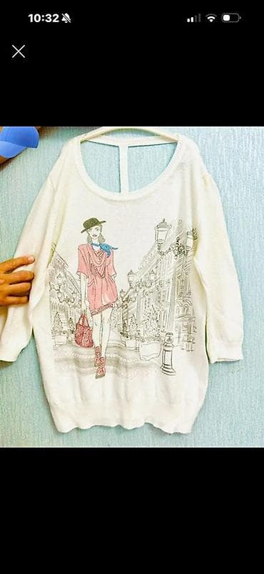 papaq satisi: Şəhər mənzərəsi illüstrasiyası ilə bəzədilmiş ağ rəngli qadın sviteri — 1