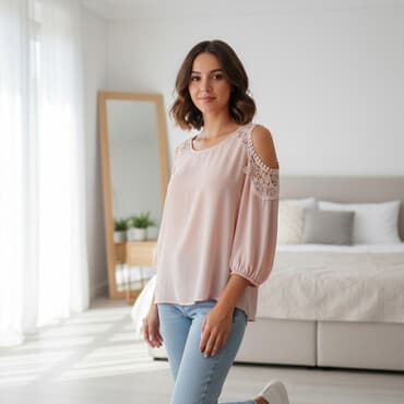 cins qadın kombinezonları: Zərif qadın bluzası – açıq pudra rəngi. - Model: soyuq çiyin (shoulder — 1