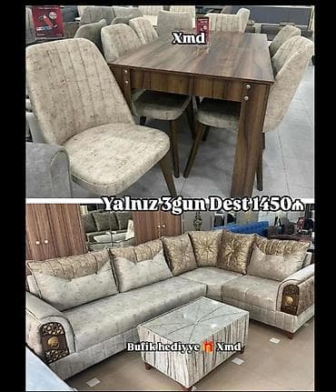 stullar ev ucun: Dəst: Yumşaq mebel və yemək qarnituru - Künc divan: Parça üzlü, iri — 1