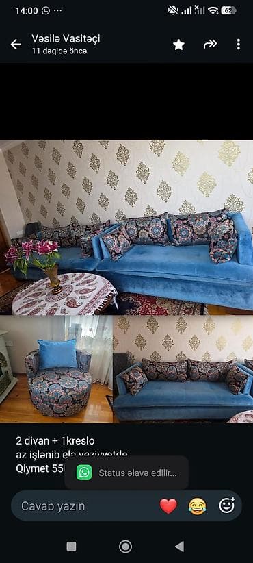 şaxda baba: 2 divan + 1kreslo az işlənib ela veziyyetde Qiymet 550 azn. Divan — 1