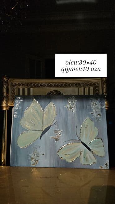 tac sekli: Əl işi rəsm tabloları – akril boya ilə kətan üzərində. 1) Ağ çiçəklər — 2