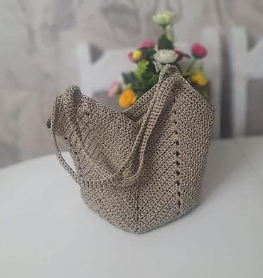 Сумки: Təbii rəngdə əl işı toxunma çanta - Material: qalın, möhkəm ip/sapla — 2