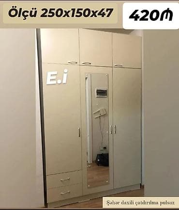 3 qapılı, Güzgülü, Bej, Açılan, Düz dolab
