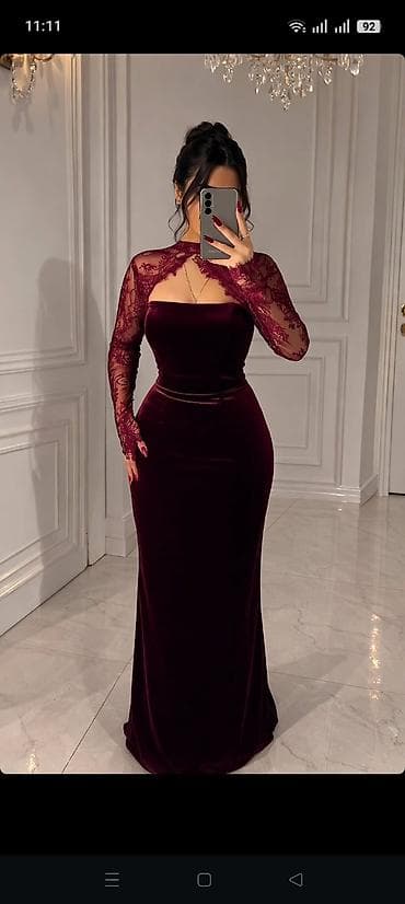 ziyafət geyim: Məhsul: Qadın axşam geyimi – krujeva detallı uzun ziyafət donu - — 5
