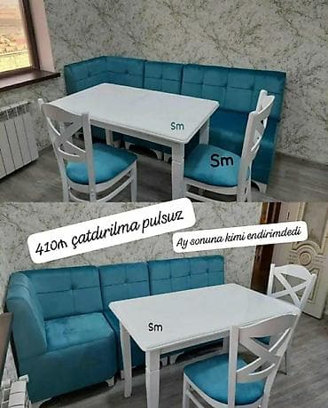 masa ve oturacag: Mətbəx künc dəsti - Komplekt: L formalı yumşaq künc divanı, ağ masa — 1