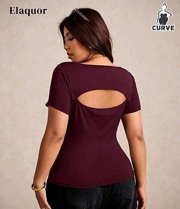 beli: Qadın bluzası – şərab rəngi - Qısaqoll, yumru yaxalı dizayn - Ön — 2