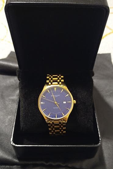 iphone saatlari: Qızılı rəngli kişi qol saatı – mavi siferblatlı, klassik üslub - — 1