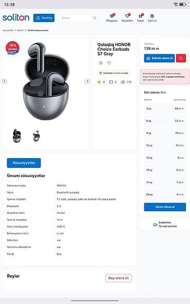 bluetooth qulaqciq: İşlənmiş Simsiz (Bluetooth) Qulaqcıqlar, Honor, rəng - Boz — 1