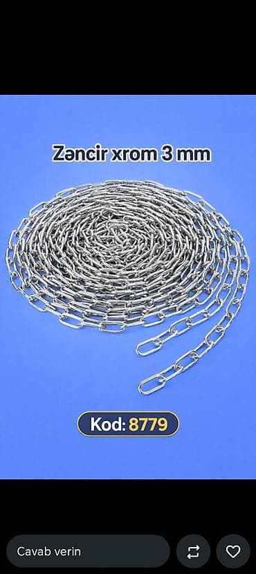 xrom acar: Məhsul: Xrom zəncir, 3 mm Kod: 8779 Təsvir: - Material: xrom örtüklü — 1
