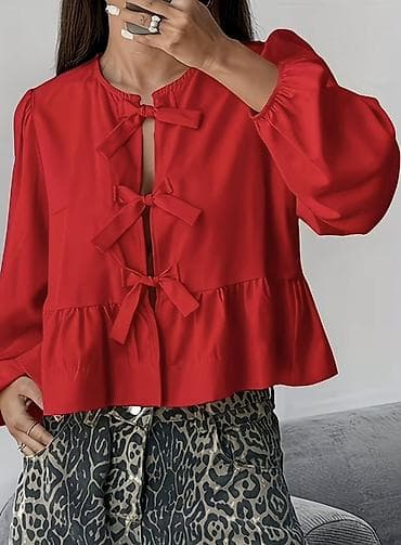 Qırmızı qadın bluzası - Model: Bağcıqlı ön dizaynlı, dekorativ lent — 1